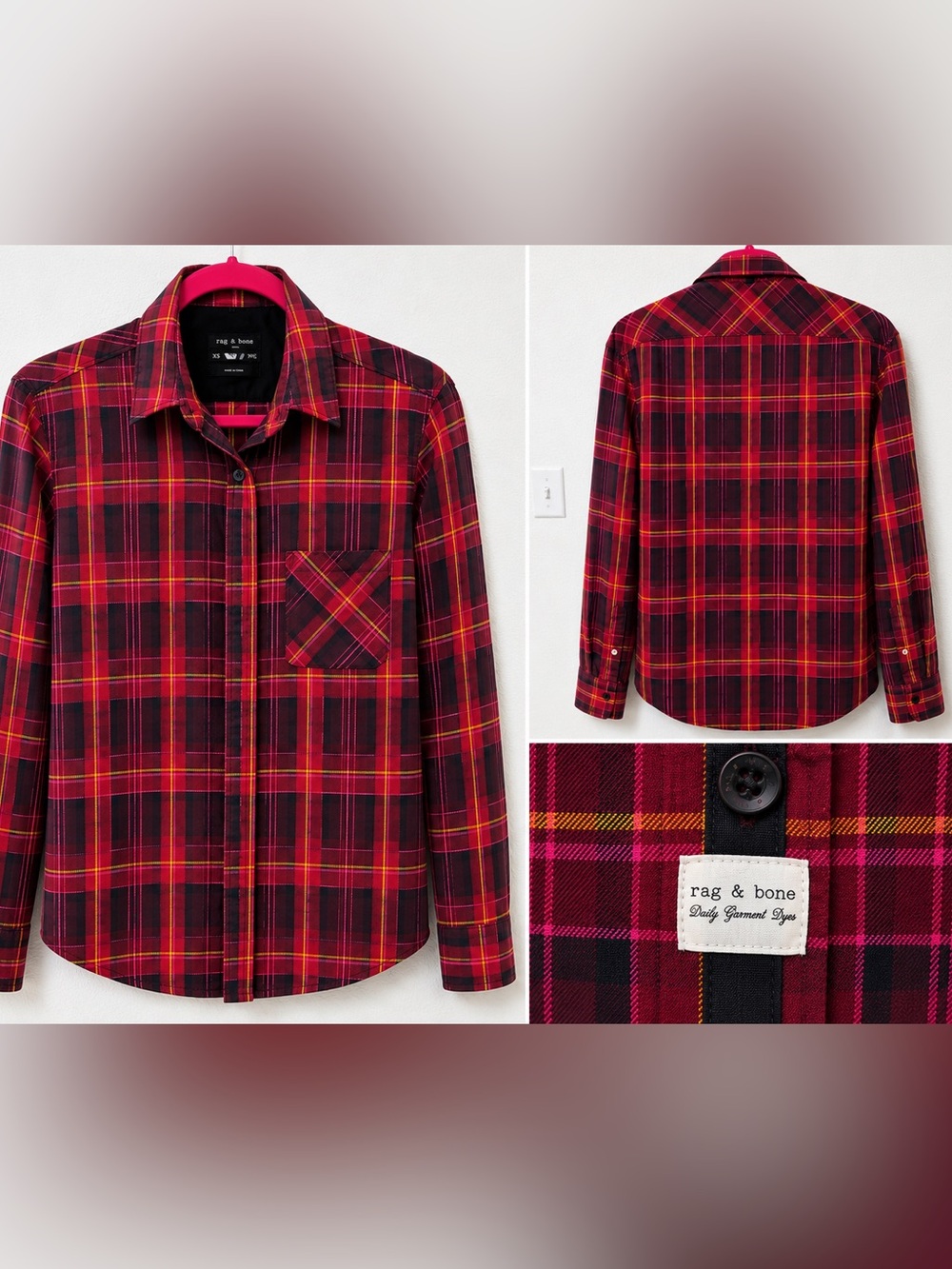 rag & bone Red, Black & Yellow Plaid Flannel Button-Down Shirt